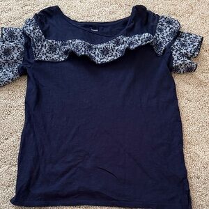 Crown & Ivy Navy Blue Short Sleeve Top with Patterned Ruffle